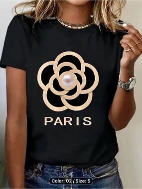Black Paris Floral Pearl Graphic Tee NWOT
